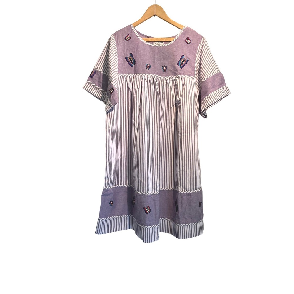 National Womens XL Striped Butterfly Embroidered Cotton Muumuu House Dress